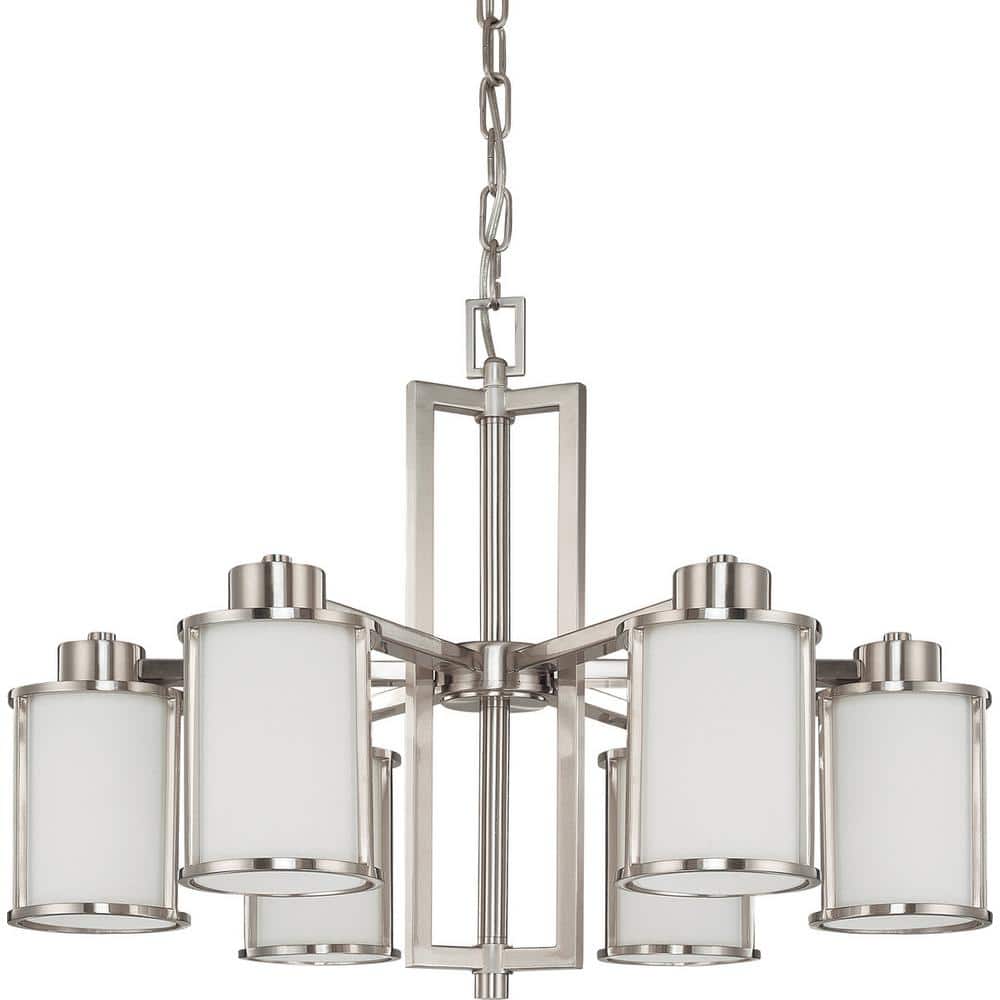 Brushed Nickel 6-Light Chandelier with White Glass Shades