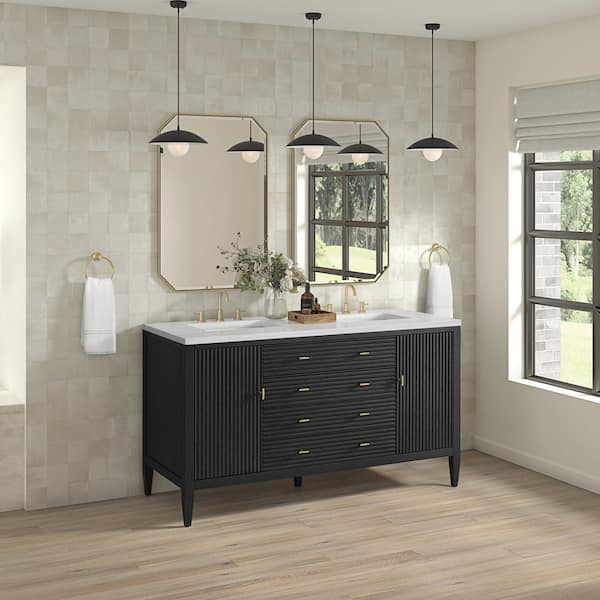 James Martin Vanities Myrrin 60.0 in. W x 23.5 in. D x 34.06 in. H Bathroom Vanity in Carbon Oak with Arctic Fall Solid Surface Top