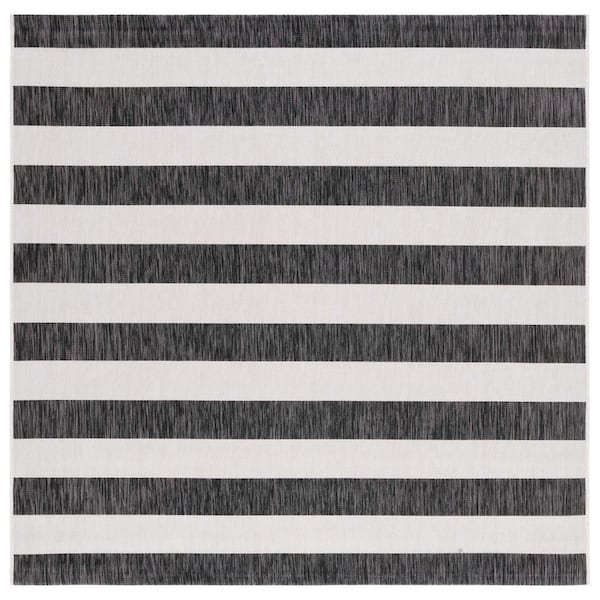 Courtyard Ivory/Black 7 ft. x 7 ft. Striped Indoor/Outdoor Square Area Rug