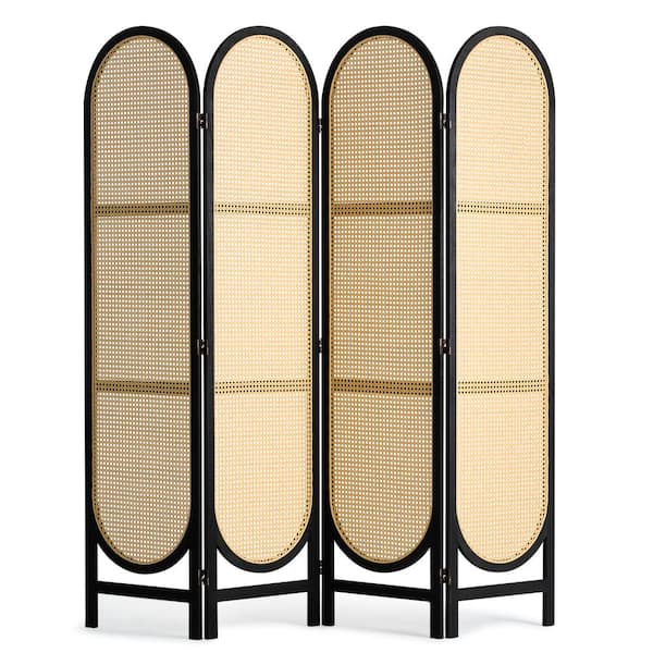 VEVOR 4-Panel Room Divider, Hand-Woven Rattan Folding Privacy Screens, Portable, Freestanding, Brown, No Cabinet, Wood