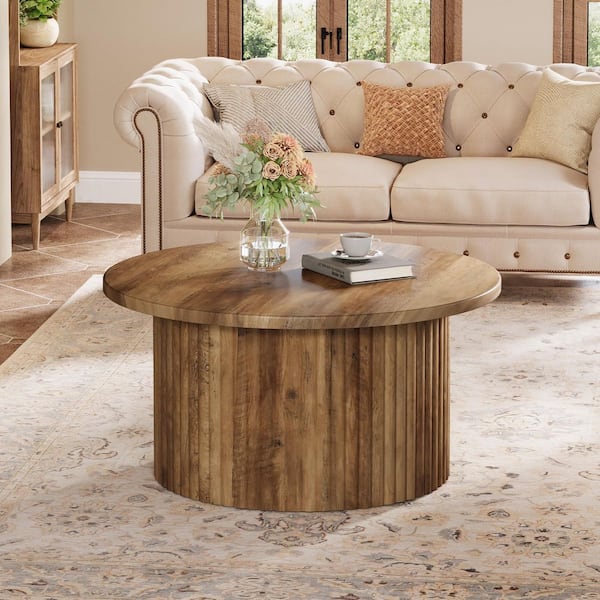 BYBLIGHT Allan 31.5 in. Brown Round Wood Coffee Table with Metal
