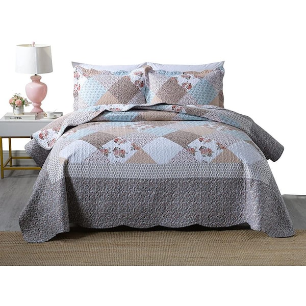 MarCielo B75 Printed 3-Piece Brown/Multi Floral Polyester Queen Size Lightweight Quilt Set