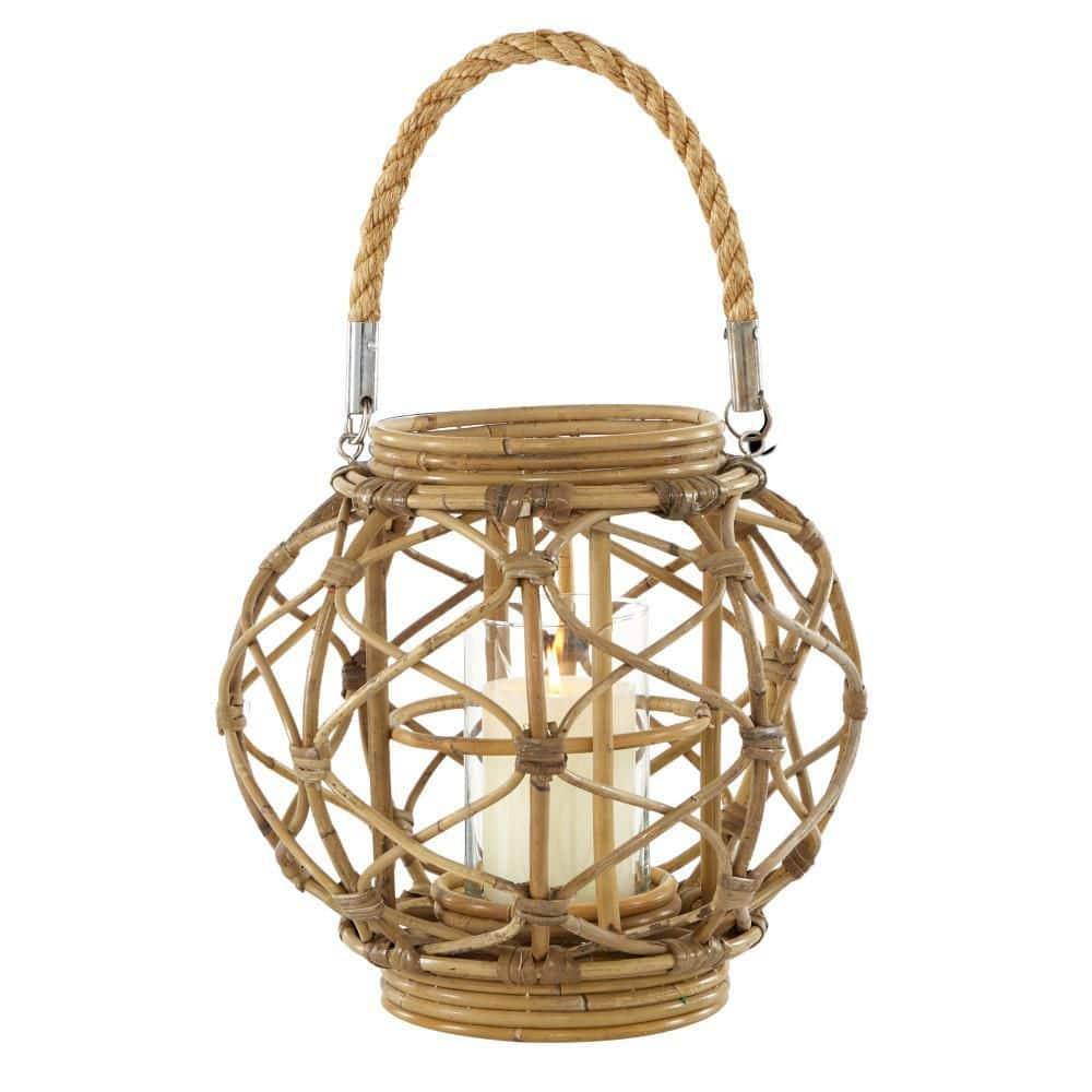 Litton Lane Round Brown Woven Rattan Lantern Candle with Burlap Jute ...