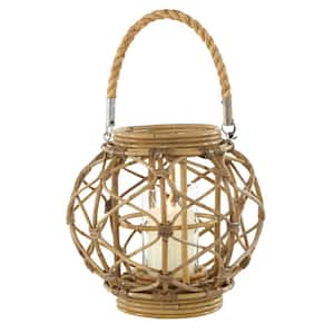 Round Brown Woven Rattan Lantern Candle with Burlap Jute Rope Handle and Glass Insert