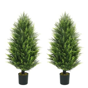 3 ft. Green Artificial Cedar Tree, Natural Faux Plants for Outside Planter with Dried Moss, UV Resistant, (Set of 2)
