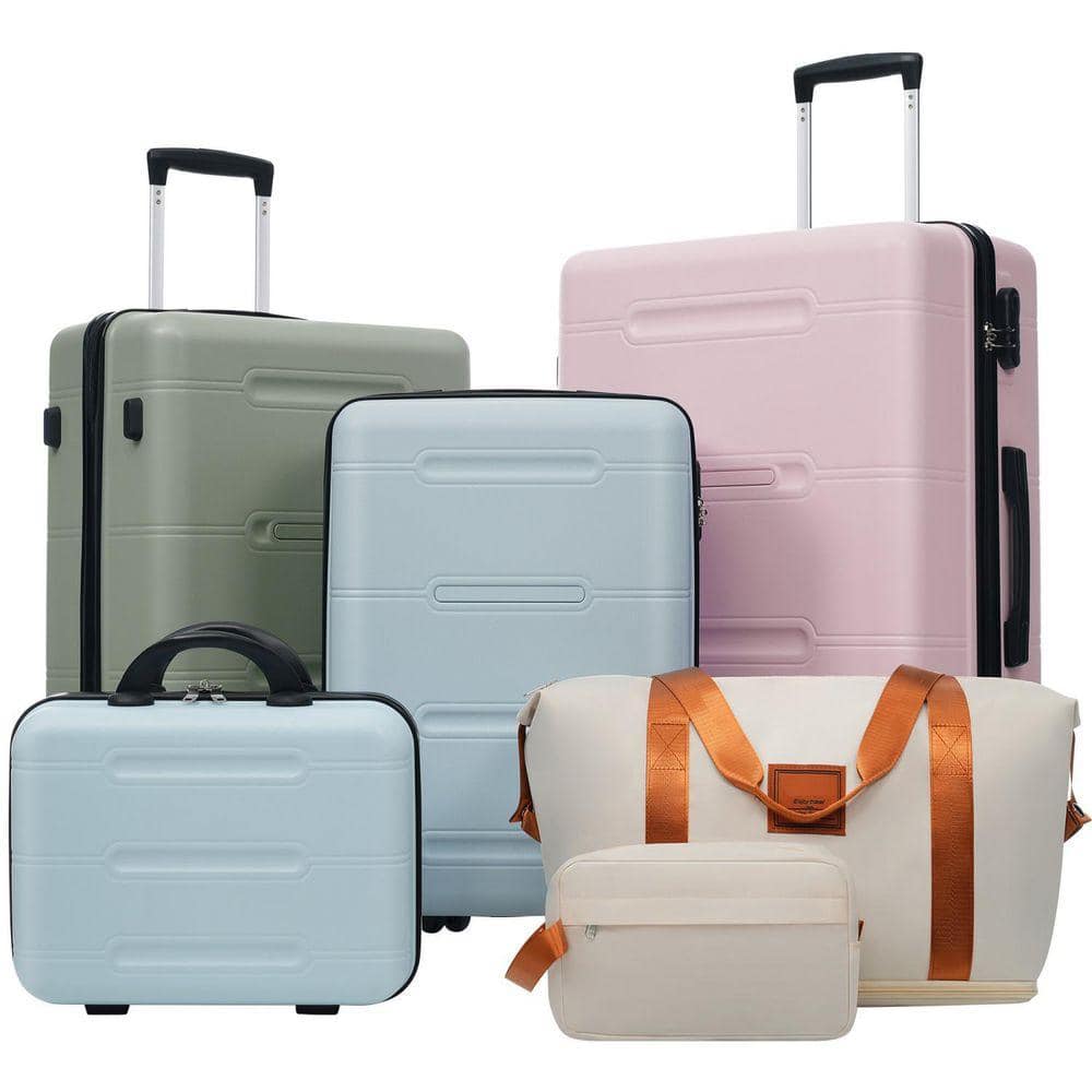 6 Pieces Luggage Set Blue,Green,Pink ABS Plastic Hardside w/ Spinner Wheels Password Lock Duffel Bag