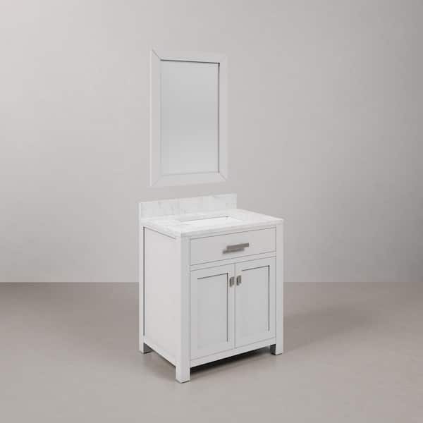 Madison 30 in. W x 21.5 in. D x 34 in. H Single Sink Bath Vanity in Pure White with Carrara White Marble Top and Mirror