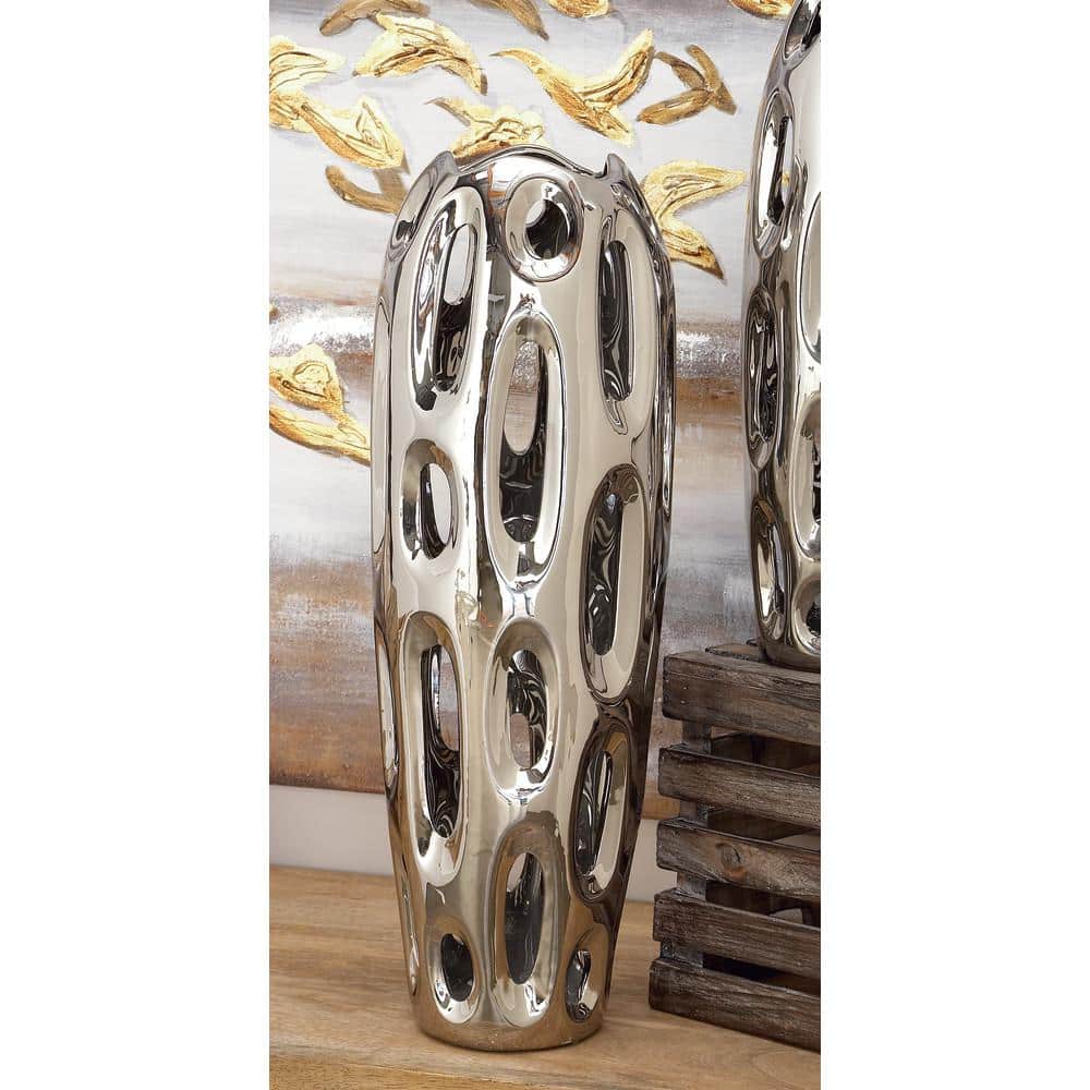 Elegant Silver Ceramic Cylinder Vase for Modern Decor, 21"