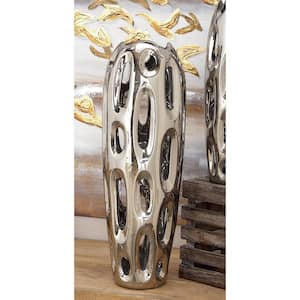 21 in. Silver Ceramic Decorative Vase with Cut Out Designs