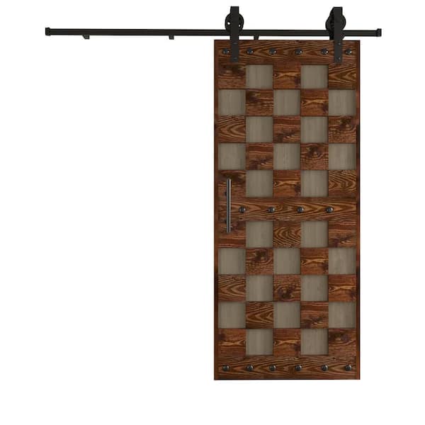 COAST SEQUOIA INC 36 in. x 84 in. Chess Board Pattern Embossing Aged Barrel/Dark Walnut Knotty Wood Sliding Door with Hardware Kit