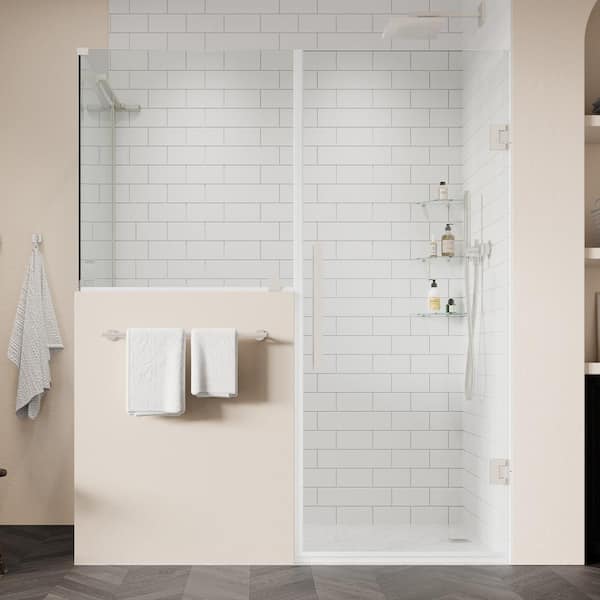 OVE Decors Tampa-Pro 53 7/8 in.W x 72 in.H Rectangular Pivot Frameless Corner Shower Enclosure in SN w/Buttress Panel and Shelves