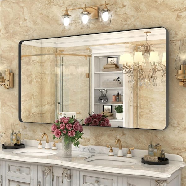 55 in. W x 30 in. H Premium Aluminum Framed Rectangular Bathroom Vanity Wall Mirror in Matte Black