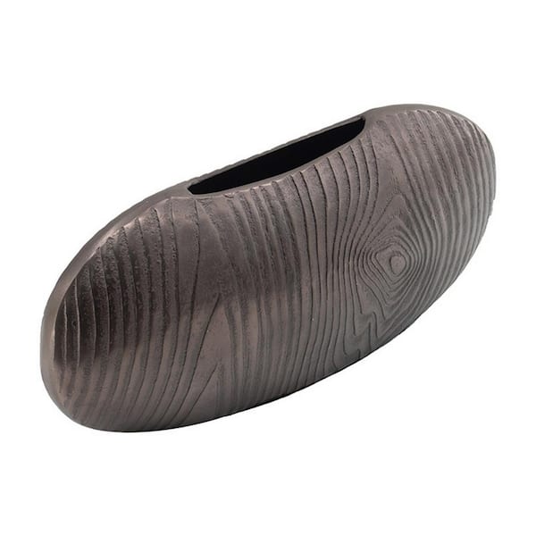 Benjara Gray Urn Metal Slim Decorative Vase with Wood Texturing