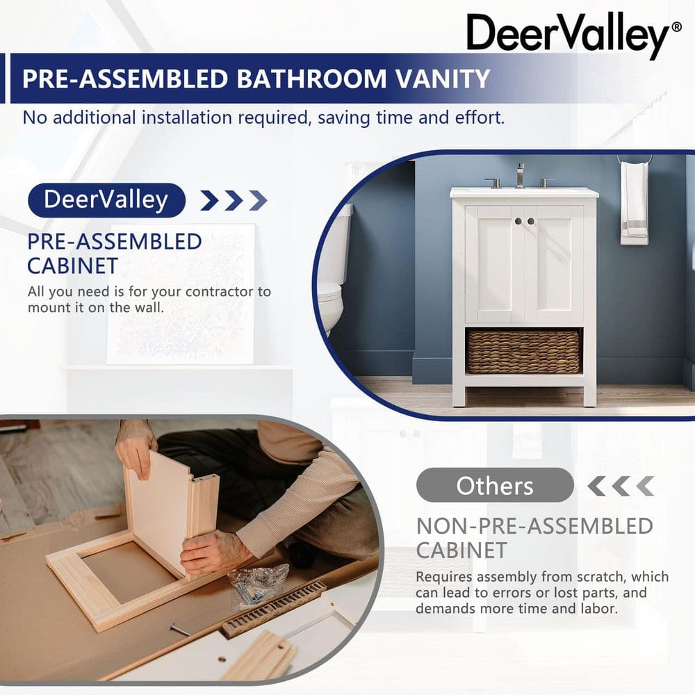 24" White Freestanding Bathroom Vanity with Ceramic Top and Woven Basket
