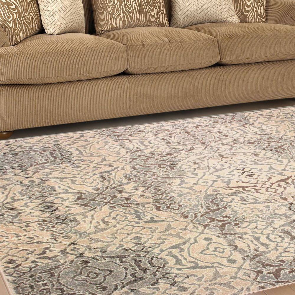 Beige and Gray Damask Polypropylene Area Rug, 8' x 10'
