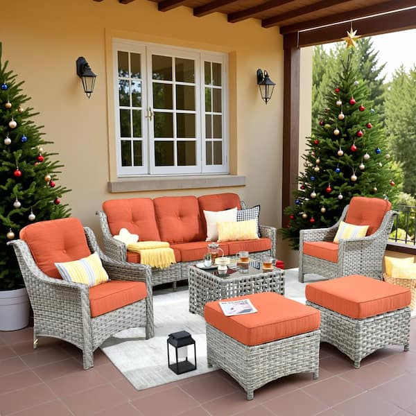 HOOOWOOO Denver 6-Piece Wicker Outdoor Furniture Patio Conversation Sofa Set with a Solar LED Table and Orange Red Cushions