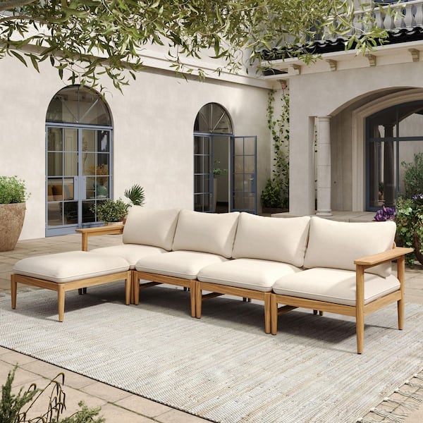 Tullia 5-Piece Acacia Wood Outdoor Patio L-Shaped Sectional Sofa Set with Beige Cushion, Light Teak Finish