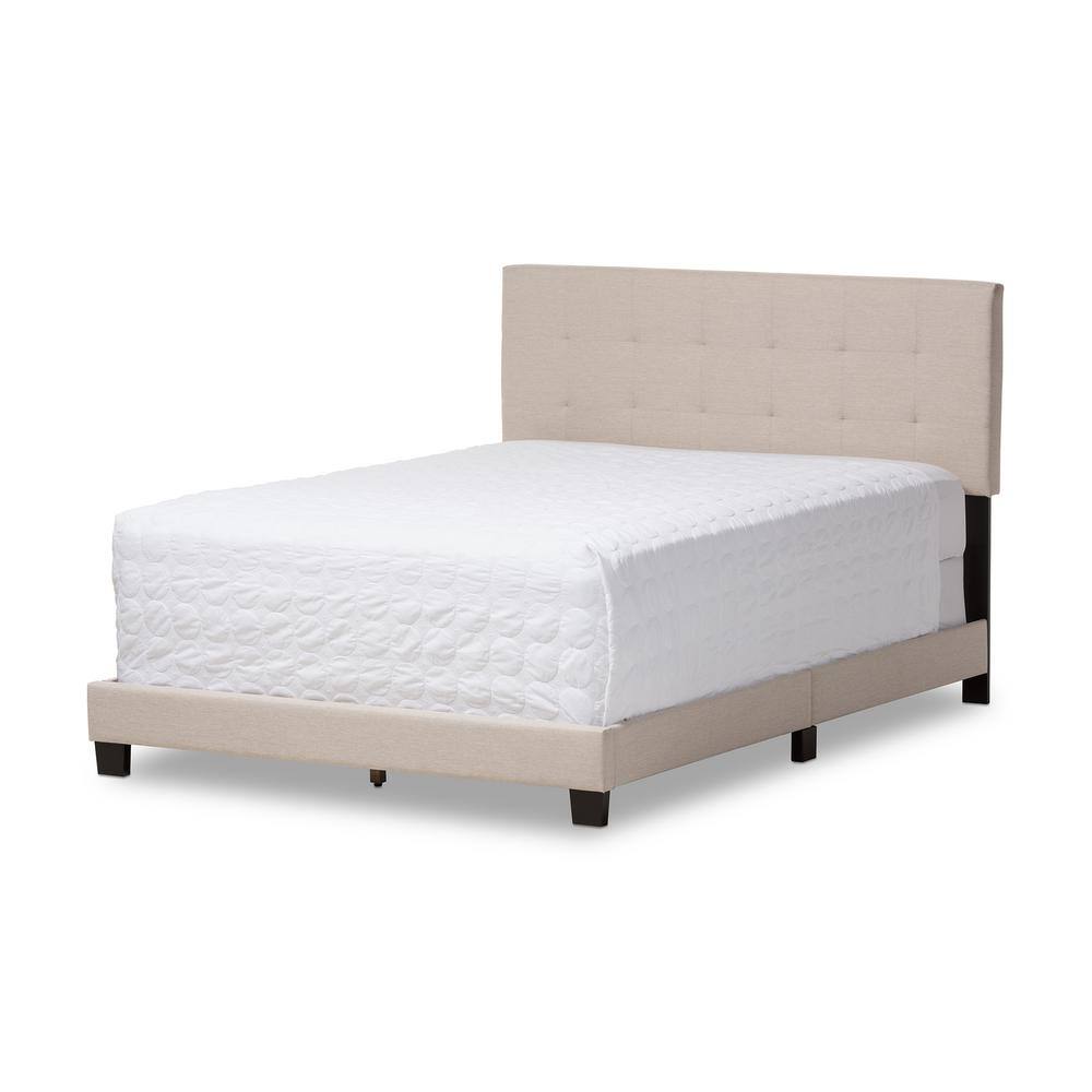 Beige Upholstered Full Bed with Tufted Headboard and Wood Frame
