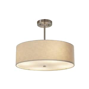 Textile Classic 3-Light Brushed Nickel Drum Pendant with Cream Linen Fabric Shade