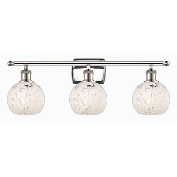 White Mouchette 26 in. 3-Light Polished Nickel Vanity Light with Glass Shade