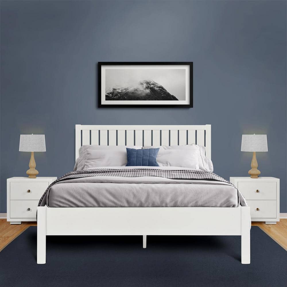 White King Pine Wood Platform Bed with Slatted Headboard