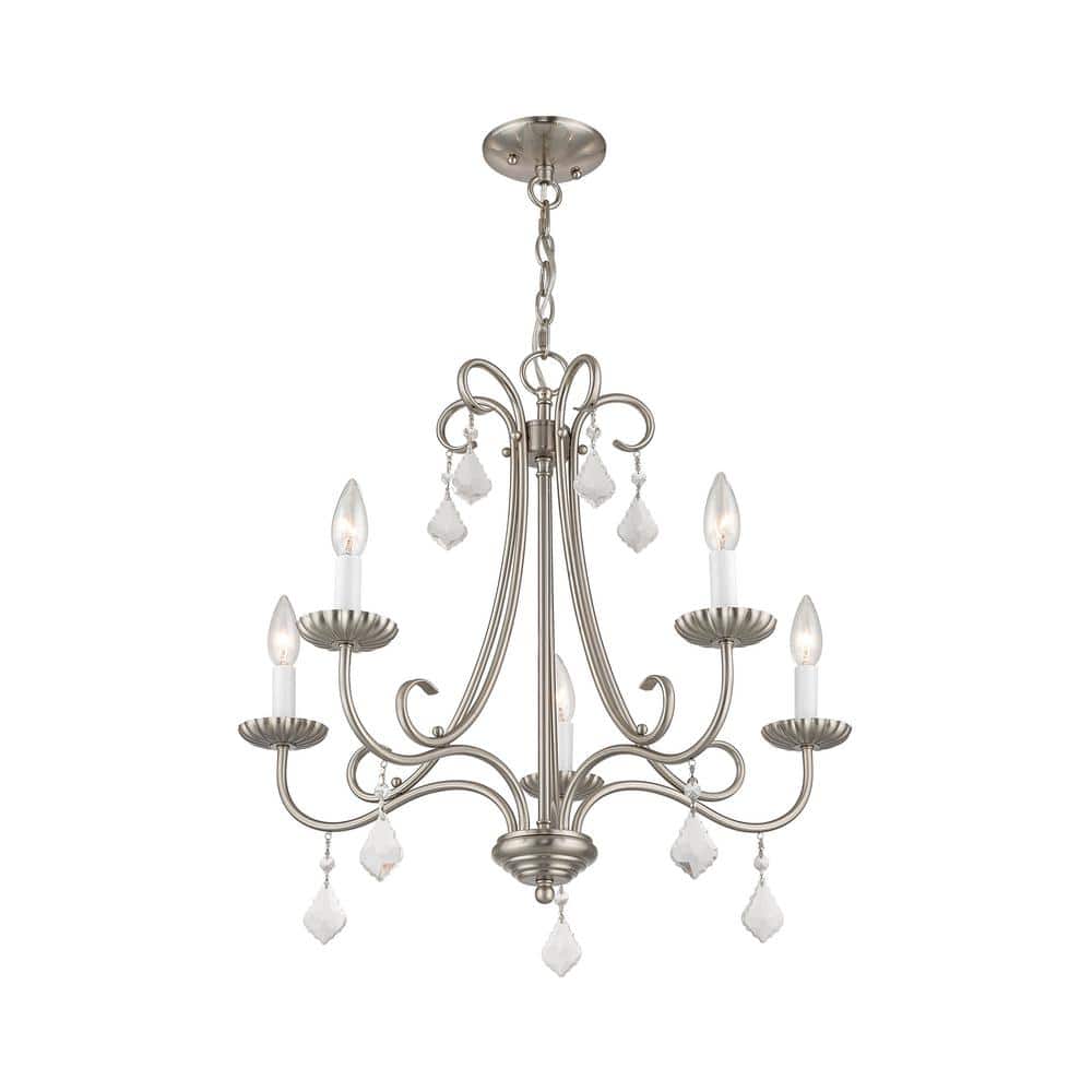 Elegant Brushed Nickel 5-Light Chandelier with Crystal Teardrops