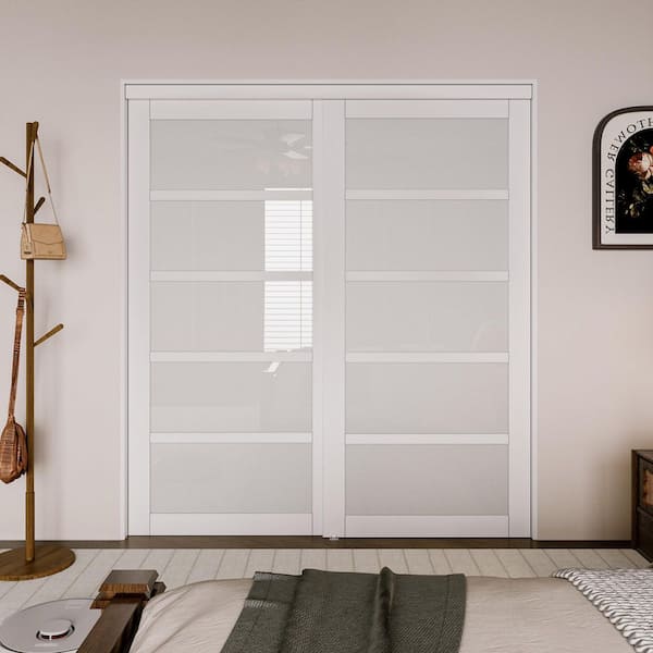72 in. x 80 in. 5-Lite White Tempered Frosted Glass Closet Sliding Door with Hardware