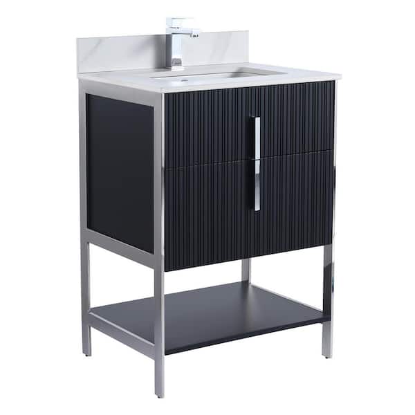 Stone 24 in. W x 18 in. D x 33.5 in. H Bathroom Vanity in Stainless Steel with White Porcelain Top with White Sink