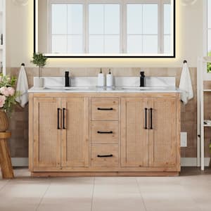 Floral 60 in. W x 22 in. D x 33 in. H Freestanding Bath Vanity in Brown with Calacatta White Quartz Top without Mirror