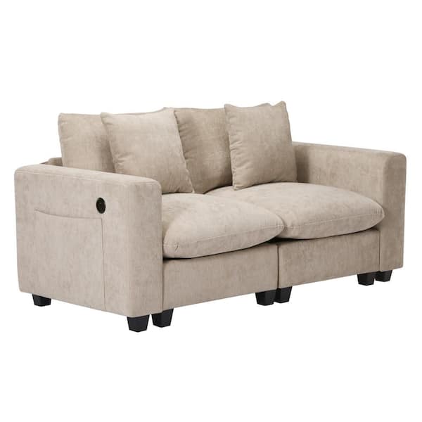 Lucca Plush Chenille Upholstered Square Arm Modular Loveseat w/ USB Charger Port, Taupe
