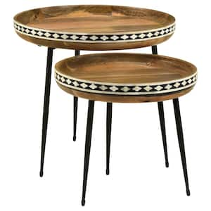 Ollie 2-Piece 22 in. Natural and Black Mango Wood Round Nesting End Table