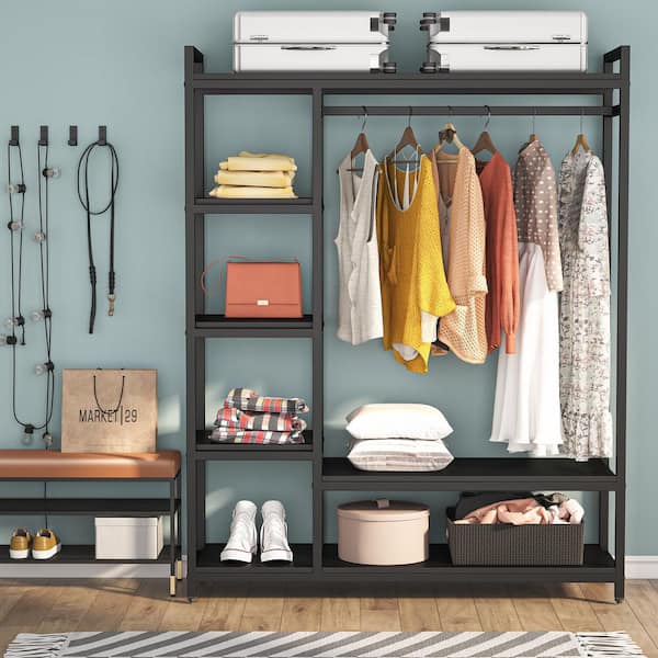 Tribesigns Cynthia Black Garment Rack with Storage Shelves and Hang Rod