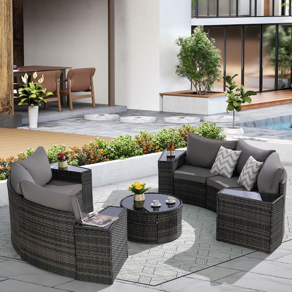Zeus & Ruta 11-Piece Gray Wicker Half-Moon Outdoor Sectional Sofa Set with Dark Gray Cushions and 1 Glass Round Coffee Table