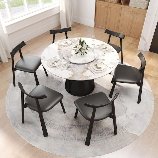 Black Microfiber Leather Dining Chair (Set of 6), Upholstered Side Chairs with Metal Legs for Dining Room