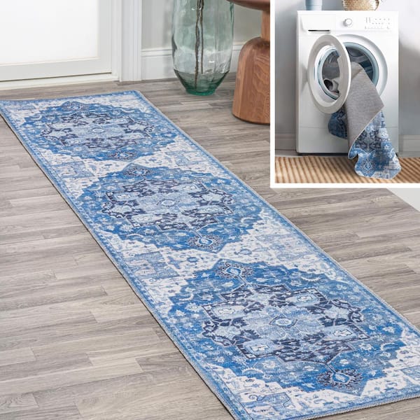 JONATHAN Y Maris Ornate Blue/Navy 2 ft. x 8 ft. Medallion Machine Washable Indoor Area Rug