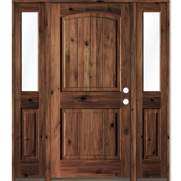Krosswood Doors 58 in. x 80 in. Rustic Knotty Alder Arch Red Mahogany Stained Wood with V-Groove Left Hand Single Prehung Front Door