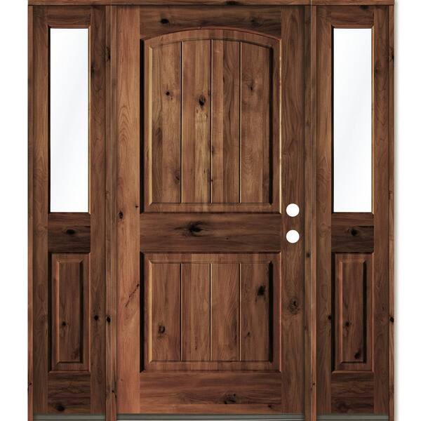 Krosswood Doors 60 in. x 80 in. Rustic Alder Arch Top Red Mahogany Stained Wood with V-Groove Left Hand Single Prehung Front Door