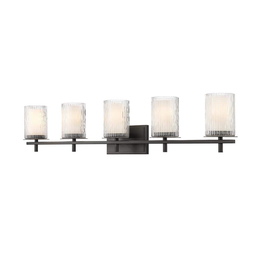 Grayson 40 in. 5-Light Matte Black Vanity Light with Clear Etched Opal Glas