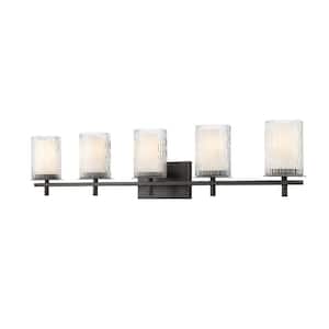 Grayson 40 in. 5-Light Matte Black Vanity Light with Clear Etched Opal Glass Shade No Bulbs Included