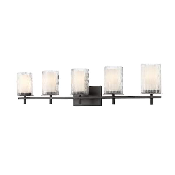 Unbranded Grayson 40 in. 5-Light Matte Black Vanity Light with Clear Etched Opal Glass Shade No Bulbs Included
