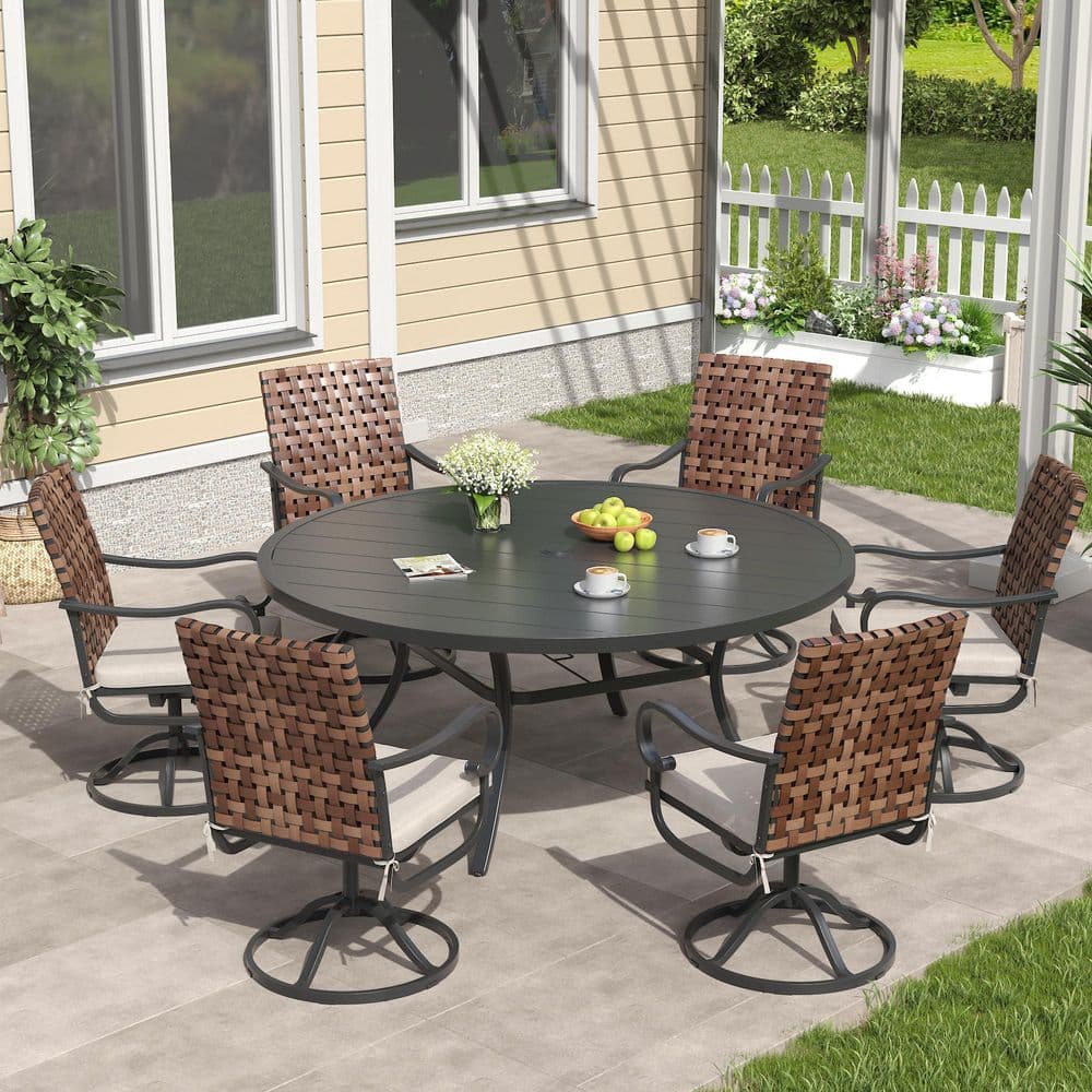 7-Piece Metal Outdoor Dining Set with 53 in. Black Round Dining Table and 6 Wicker Swivel Chairs with Beige Cushions price history on PriceWatchPro