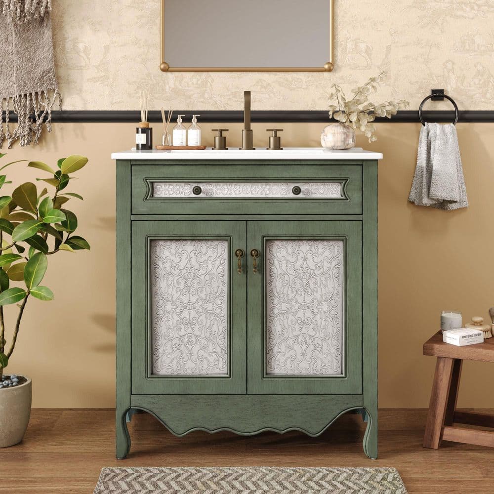 30 in. Single Sink Freestanding Antique Green Bath Vanity with White Cerami