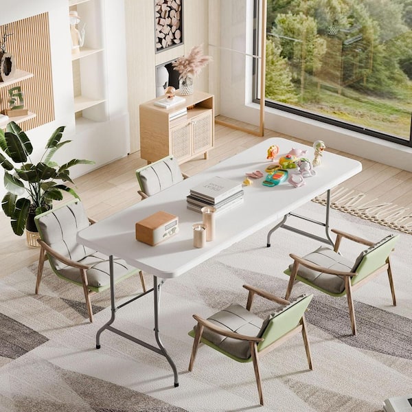 71 in. W White Rectangle Steel Frame Picnic Table Folding Seats 6-People with Portable Carrying Handle for Camping