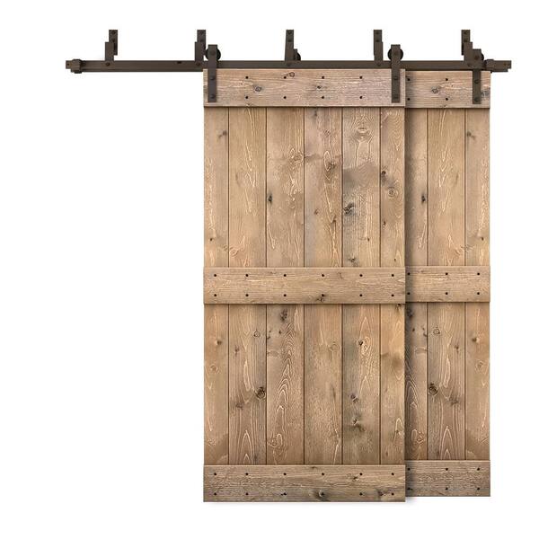 CALHOME 40 in. x 84 in. Mid-Bar Bypass Light Brown Stained DIY Solid Wood Interior Double Sliding Barn Door with Hardware Kit