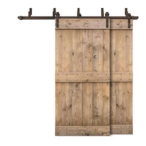56 in. x 84 in. Mid-Bar Bypass Light Brown Stained DIY Solid Wood Interior Double Sliding Barn Door with Hardware Kit