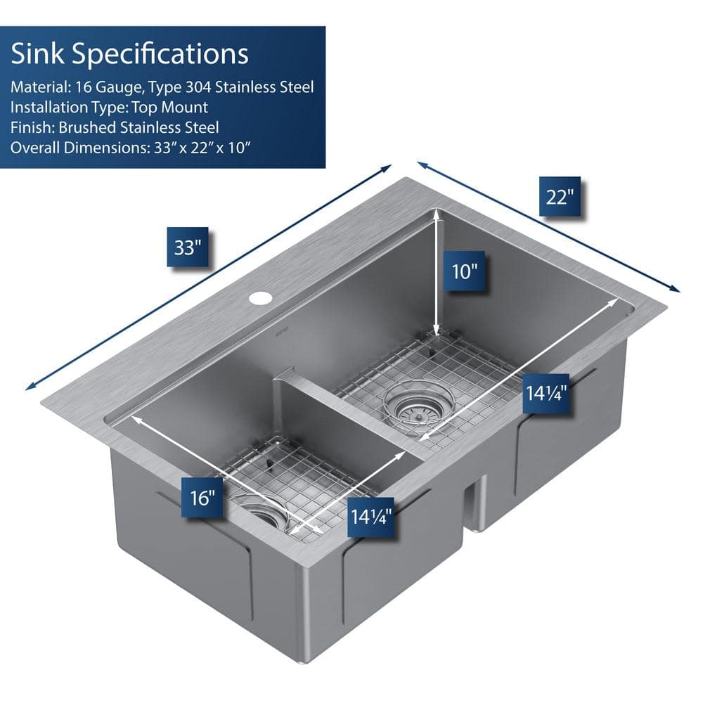 Elite 33'' Double Bowl Stainless Steel Kitchen Sink