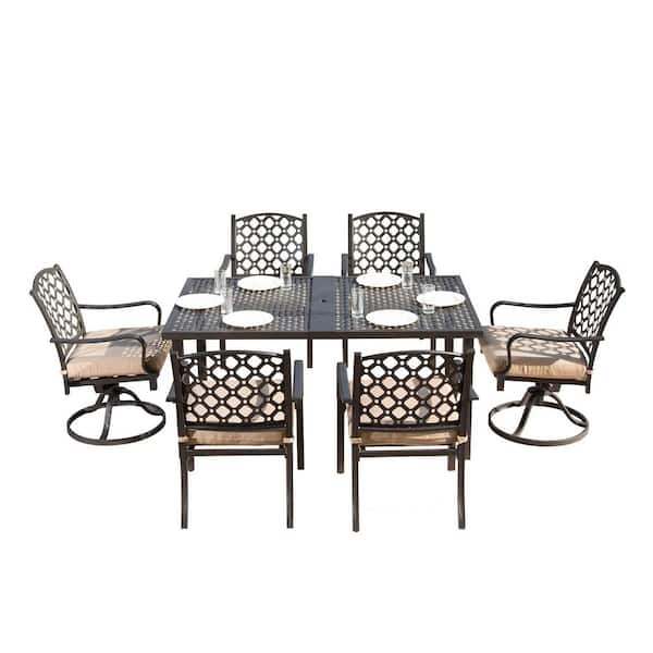 Outdoor 7-Piece Metal Rectangle Dining Set with Swivel Chairs and Beige CushionGuard Cushions