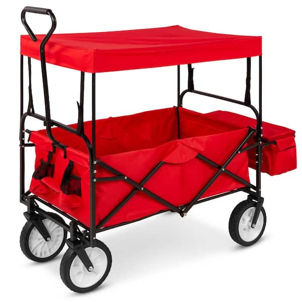 Best Choice Products 24 in. x 39 in. Utility Cargo Wagon Foldable Cart w/Removable Canopy, Cup Holders in Red