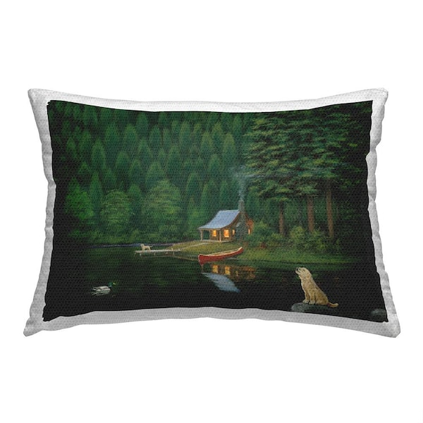 Stupell Industries Dogs and Lake Cabin Green Rectangular Outdoor Throw Pillow