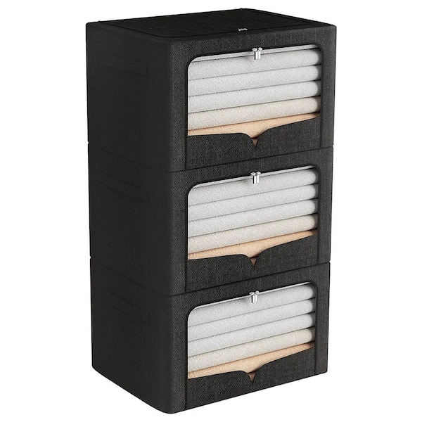 100 Qt. Linen Clothes Storage Bin with Lid in Black (3-Pack)